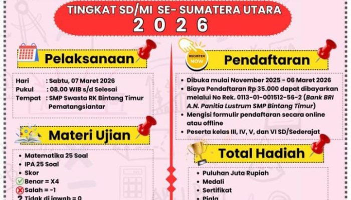 7 Maret, Siswa SD se-Sumut akan Ikuti Olimpiade MIPA Ke-13 di SMP Bintang Timur Pematangsiantar