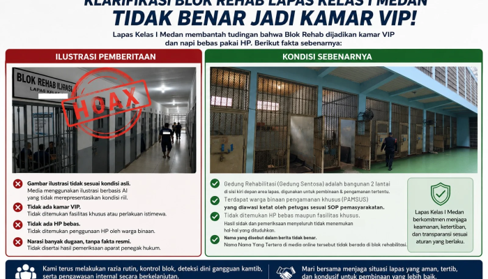 Lapas Kelas I Medan Bantah Tudingan Blok Rehab Lapas Kelas I Medan yang Diduga Jadi Kamar VIP